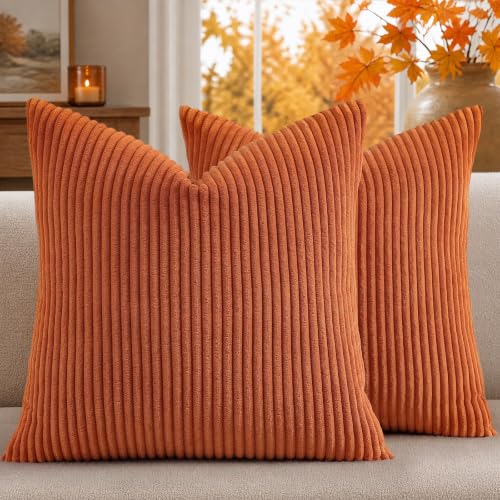 Image of Mecatny Corduroy Fall Throw Pillow Covers 26x26 Set of 2 Burnt Orange