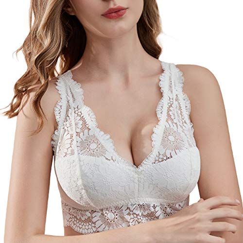 Luna & Sun Wirefree Soft Sexy Floral Lace Bralette with Top Hook and Eye Back Closure (Ivory, Small)