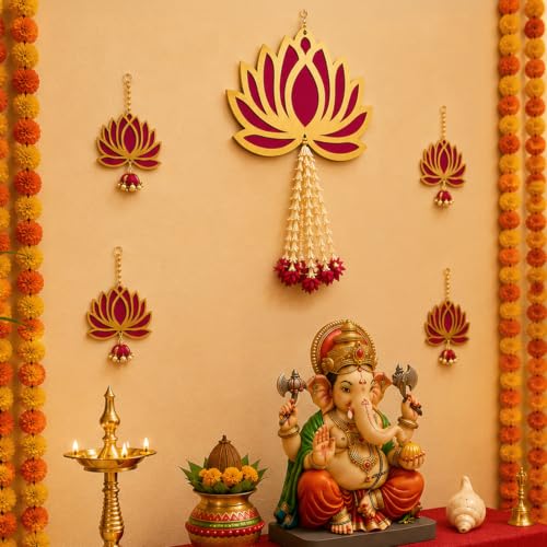 Image of SpecialYou Ganpati Decoration Setup for Home with Lotus Hanging Decorations, Ganesh Decoration Items for Home Decor, Wall Hanging Decor, 1 Big and 4 Small Lotus Hanging- 5 Pcs