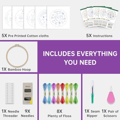 Image of CYANFOUR 5 Stage Starter Embroidery Kit for Beginners Adults and Teens, Easy to Learn 33 Different Stitches from Video & Instruction, Needlepoint Kits for Adults with Stamped Embroidery Patterns.