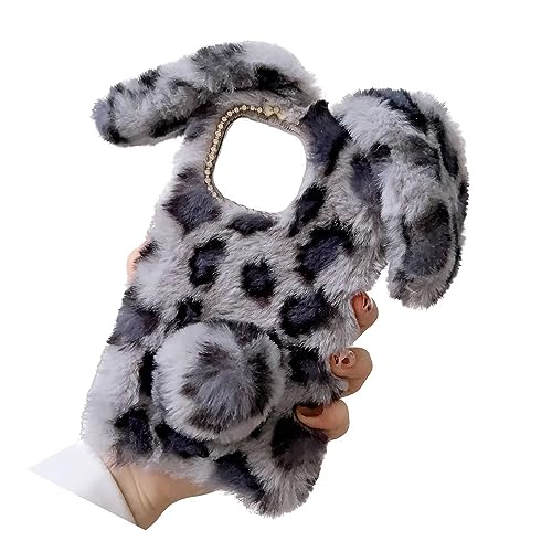 Rnrieyta Miagon Cover Custodia per iPhone 15 Plus,Leopardo Morbido Inverno Caldo Divertente Coniglio Orecchie Faux Pelliccia Soffice Capelli Caso Coperture