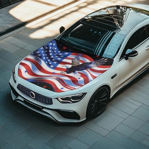 Image of Car Hood Cover Car Hood Wraps American Flag Bald Eagle Auto Banner Stretchable Auto Decorative Accessories for Compact Sedans SUV Trucks (59x39 Inch)