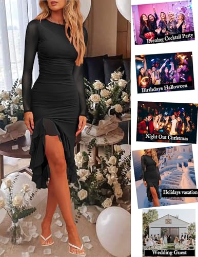 Nova In Sky Women's 2025 Fall Wedding Guest Dress Mesh Long Sleeve Ruffle Formal Cocktail Party Ruched Bodycon Midi Dresses4