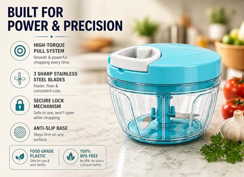Image of ‎Manual Vegetable Chopper 500ml with 3 Stainless Steel Blades, Kitchen Dori Handy Mini Compact Chopper, Pull Cord Food Chopper for Onion, Tomato, Garlic & Veggies | BPA Free, Easy to Clean
