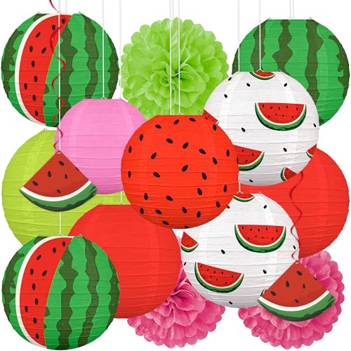 Renbuzhu 15Pcs Summer Party Decorations Watermelon Paper Lanterns Pom Poms Hanging Swirls Pool Beach Luau Tropical Birthday Hanging Decor Indoor Outdoor