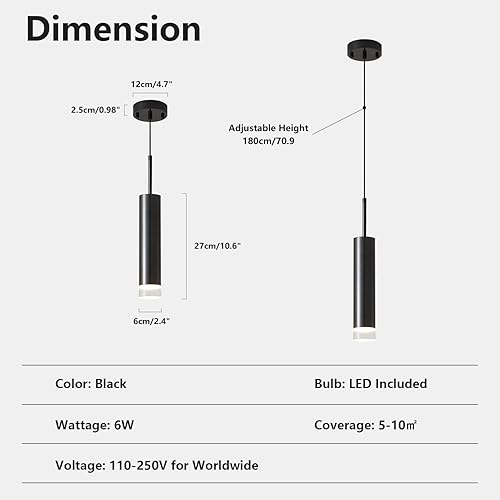 Miniatura 2 de KCO Iluminación de mediados de siglo moderna de metal negro LED colgante de luz nórdica minimalista cilindro colgante isla de cocina iluminación