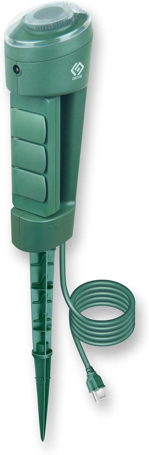 OSKOS Outdoor Power Stake, 3 Grounded Outlets with 180° Rotating Function and Safety Cover and Photocell Timer 2/4/6/8 Hour Countdown, Dusk to Dawn, 6FT Cord, UL Listed, Green