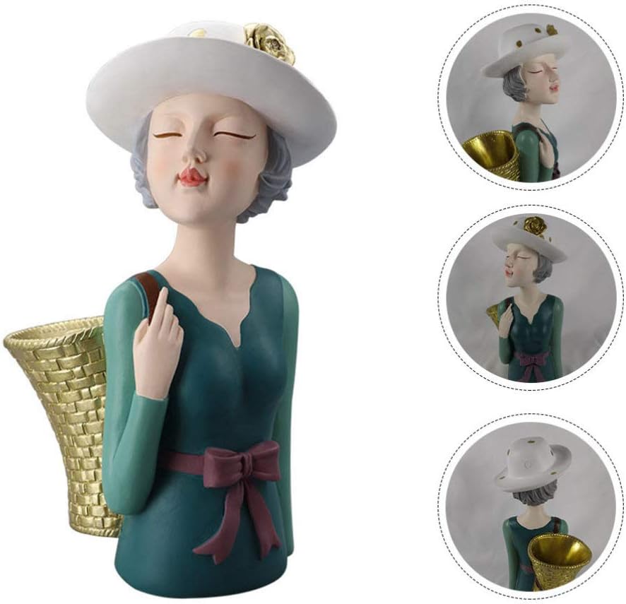 1pc Girl with Basket Ornament Resin Craft Decor Back Basket Girl Adornment Desktop Storage Decoration Resin Craft Back Ornament Lovely