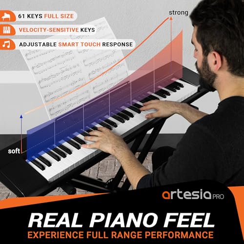 Image of Artesia 61-Key Portable Digital Piano Keyboard with Full-Size Semi-Weighted Keys, Beginners Bundle with Sustain Pedal, Music Rack and Free Melodics Piano Lessons
