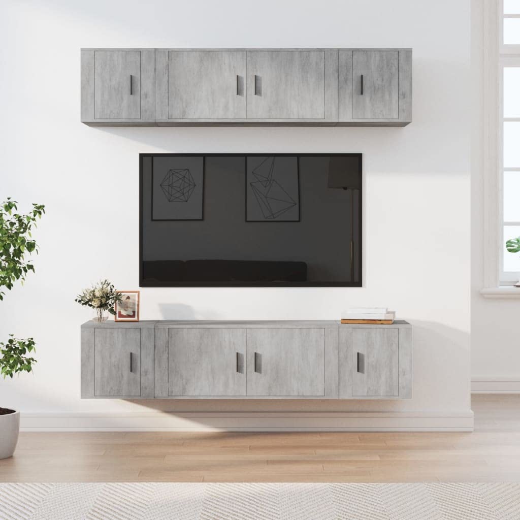 6-TLG. TV-Schrank-Set Betongrau Holzwerkstoff, Wandmontage, Modernes Media-Center für Wohnzimmer, Robustes Entertainment-Möbel mit Stauraum