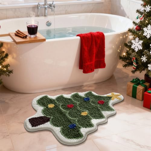 Ankah Christmas Trees Christmas Sock and Santa Bath Rug Soft Plush Shaggy High Absorbent Non-Slip Machine Washable Festival Happiness Bathroom Mat 21.65X27.56 (A Christmas Tree)