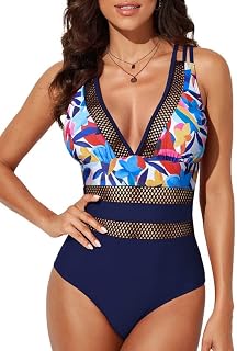 V Neck Women One-Piece Swimsuit Tummy Control Cross Strapped Back Bathing Suit