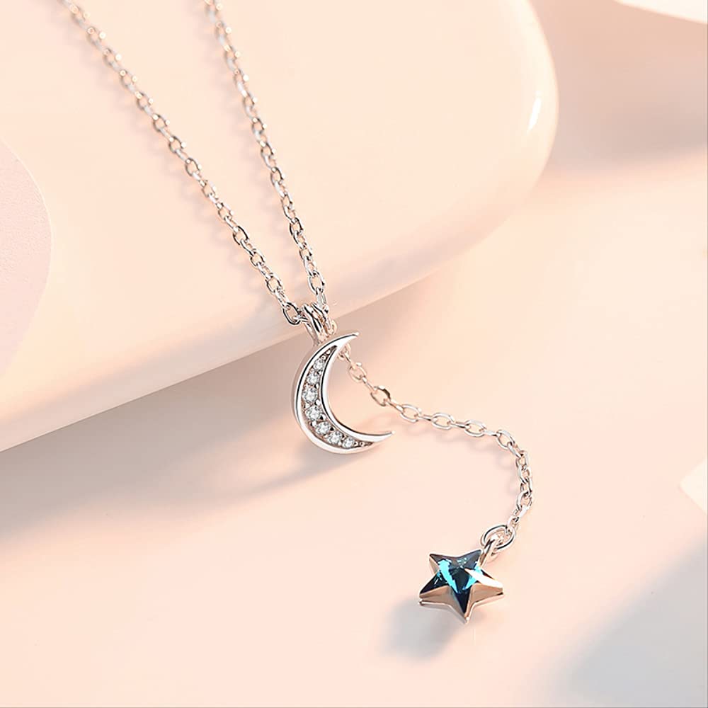 925 Sterling Silver Moon Pendant Necklace Women Blue Star