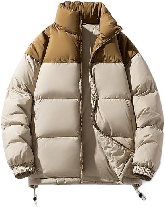 Mens Color Block Down Jacket Winter Loose Fit Warm Casual Insulated Stand Collar Puffer Coat