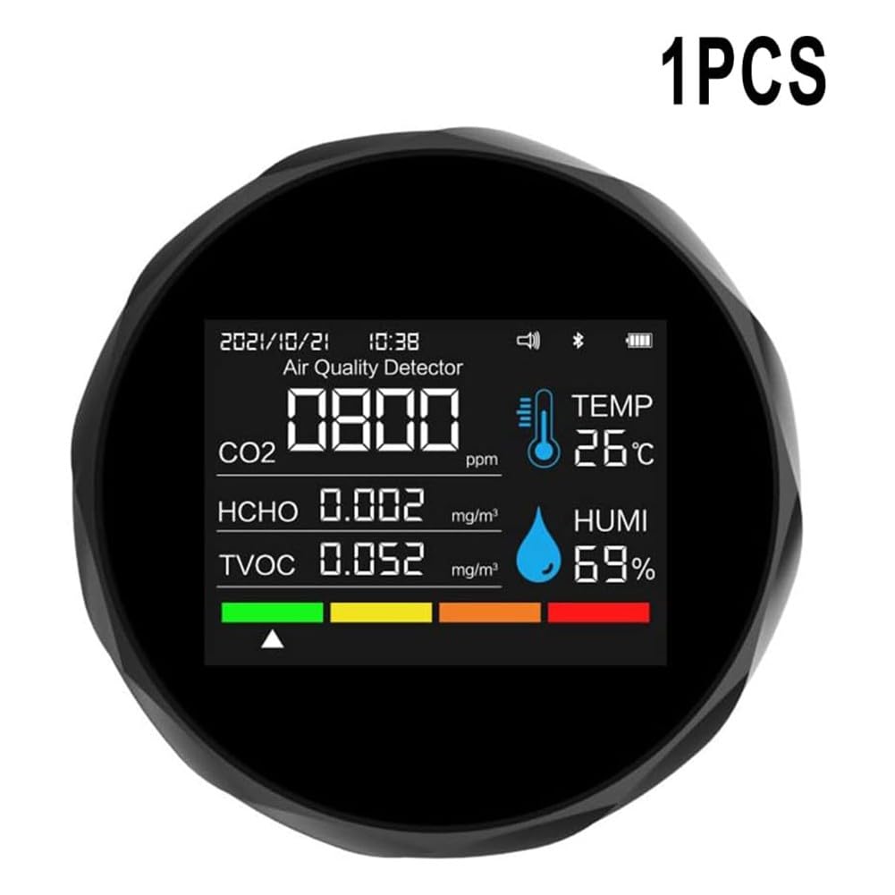 Détecteur de dioxyde de carbone 6 en 1 Moniteur de qualité de l'air avec mesure de la température et de l'humidité TVOC, connectivité smartphone, alertes de couleur et alarme sonore, noir ou