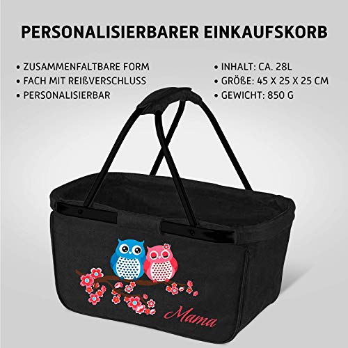 Mein Zwergenland faltbarer Einkaufskorb Eulenpaar mit Name, Korb klappbar 28 L, Faltkorb personalisierbar schwarz mit… – Bild 3