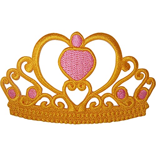 ELLU Parche de Tiara con Corona de Princesa y Reina de Oro para Planchar en Coser en Aplique de Insignia Bordada