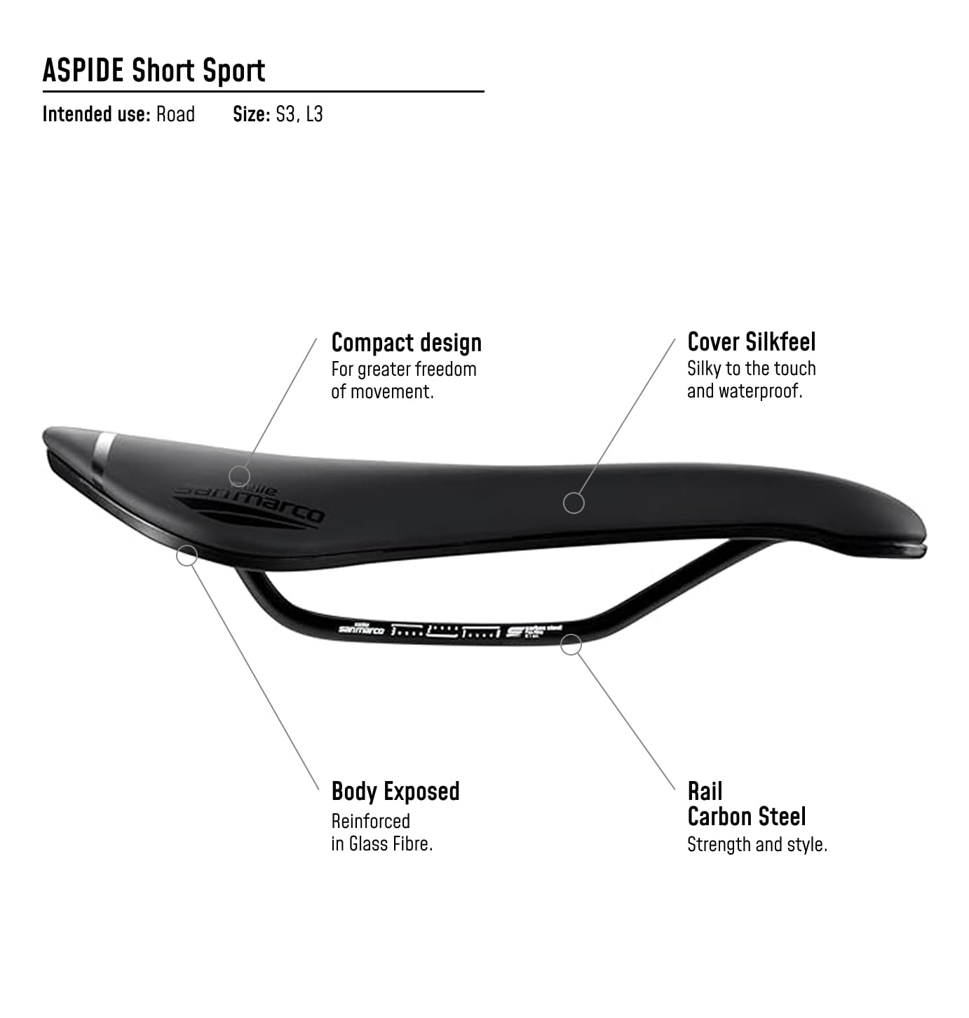 Selle San Marco ASPIDE Short Sport – Siodełko Roweru Szosowego, Lekkie, Anatomiczny Otwór, Rama Stali Węglowej