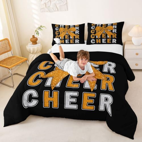 Image of Feelyou Bowknot Cheer Kids Comforter Set Full Size Cheerleading Bedding Set Glitter Cheerleader Duvet Quilt for Kids Boys Girls Bedroom Cheer Bow Decor Microfiber Ultra Soft Breathable