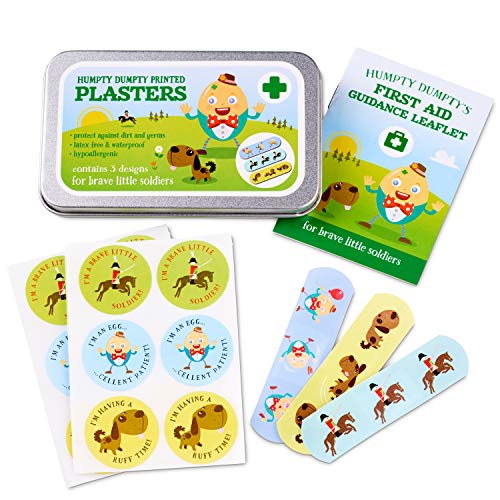 Yellodoor | 24 Fun Printed Kids Plasters with 18 Reward Stickers in a Travel Tin Latex-Free with Humpty Dumpty Design Includes First Aid Kit Mini Booklet