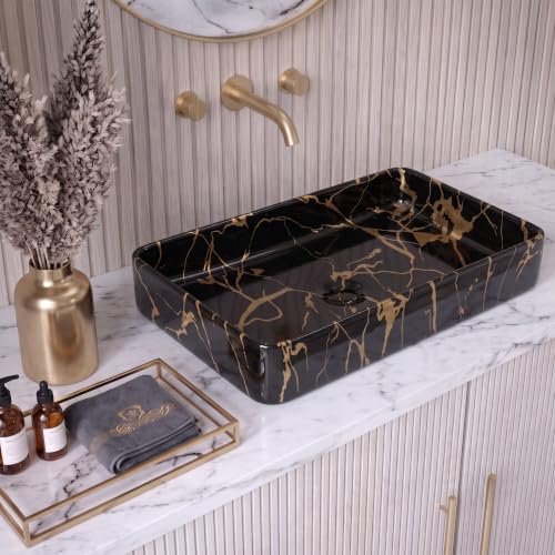 Image of Marble Ceramic Tabletop Wash basin | Countertop Vessel Sink | Wash Basin over counter For Bathroom Hotel Home | Bathroom Sink (24 x 14 x 5 Inch) (Black Gold Jelly)