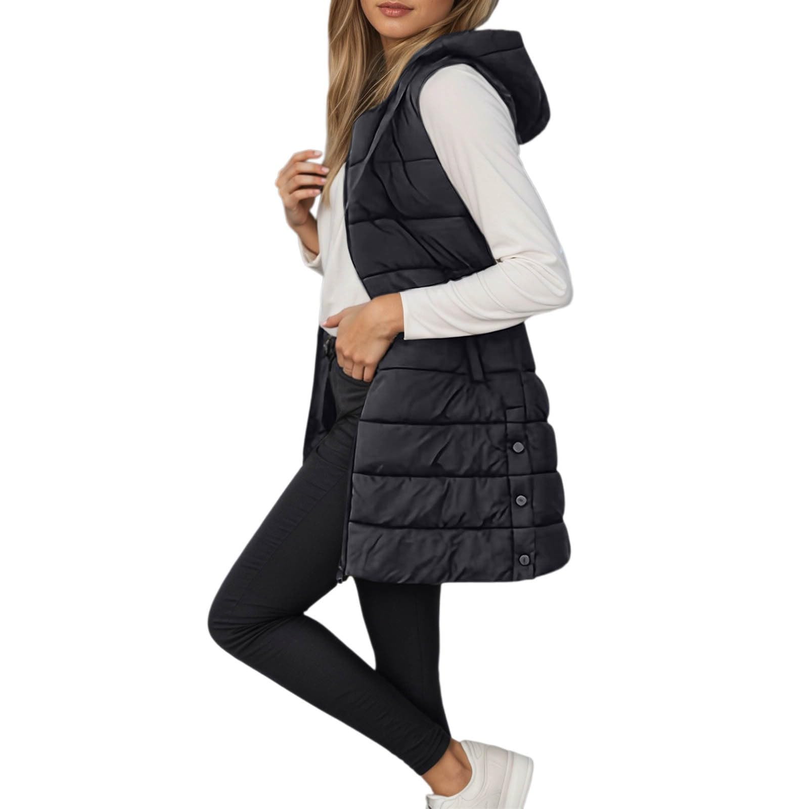 Gilet invernale trapuntato caldo senza maniche con cappuccio, bottoni e cerniera per attività all'aperto con tempo freddo