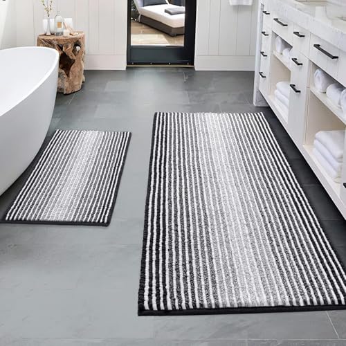BSICPRO Bathroom Rugs and Mats Sets, 2 Piece Thick Absorbent Chenille Bath Mat Rug Set Non Slip, Soft Shaggy Bath Room Floor Mats for Bathroom, Machine Washable (20" x 47" Plus 16" x 24", Black) by BSICPRO - Used condition - US$19.72
