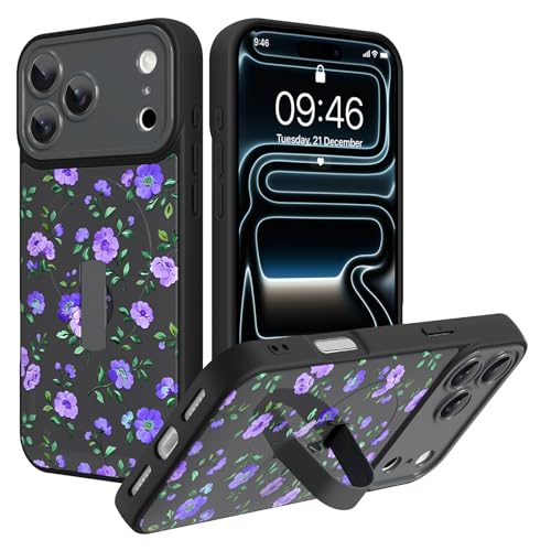 Coque iPhone 17 Pro Max violette avec dragonne et béquille de marque LSL motif floral en TPU