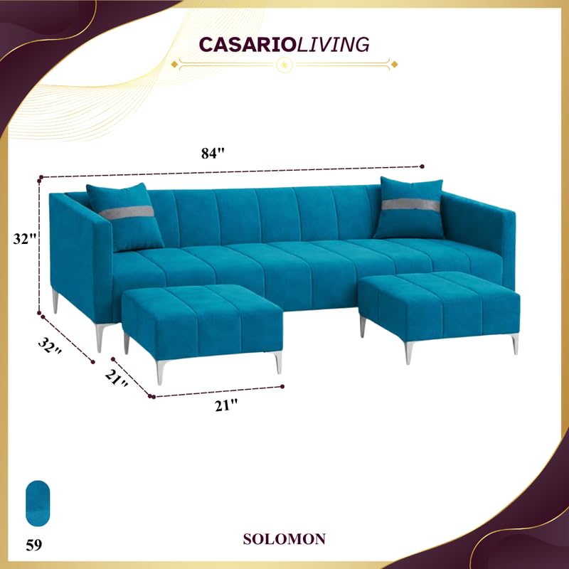 Image of Solomon 6 Seater L Shape Sofa Set with 2 Movable Ottoman | Flexible Left or Right Layout | Luxe Velvet Suede Fabric | Comfortable Seating | Modern Sofa for Living Room - Aqua Blue