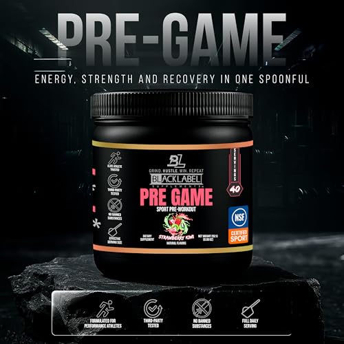 Image of Blacklabel PRE-Game NSF Certified for Sport Pre-Workout (Strawberry Kiwi) | Customizable 150mg Caffeine for Energy and Focus, Low-Stimulant Pre Workout for Men and Women, 40 Servings