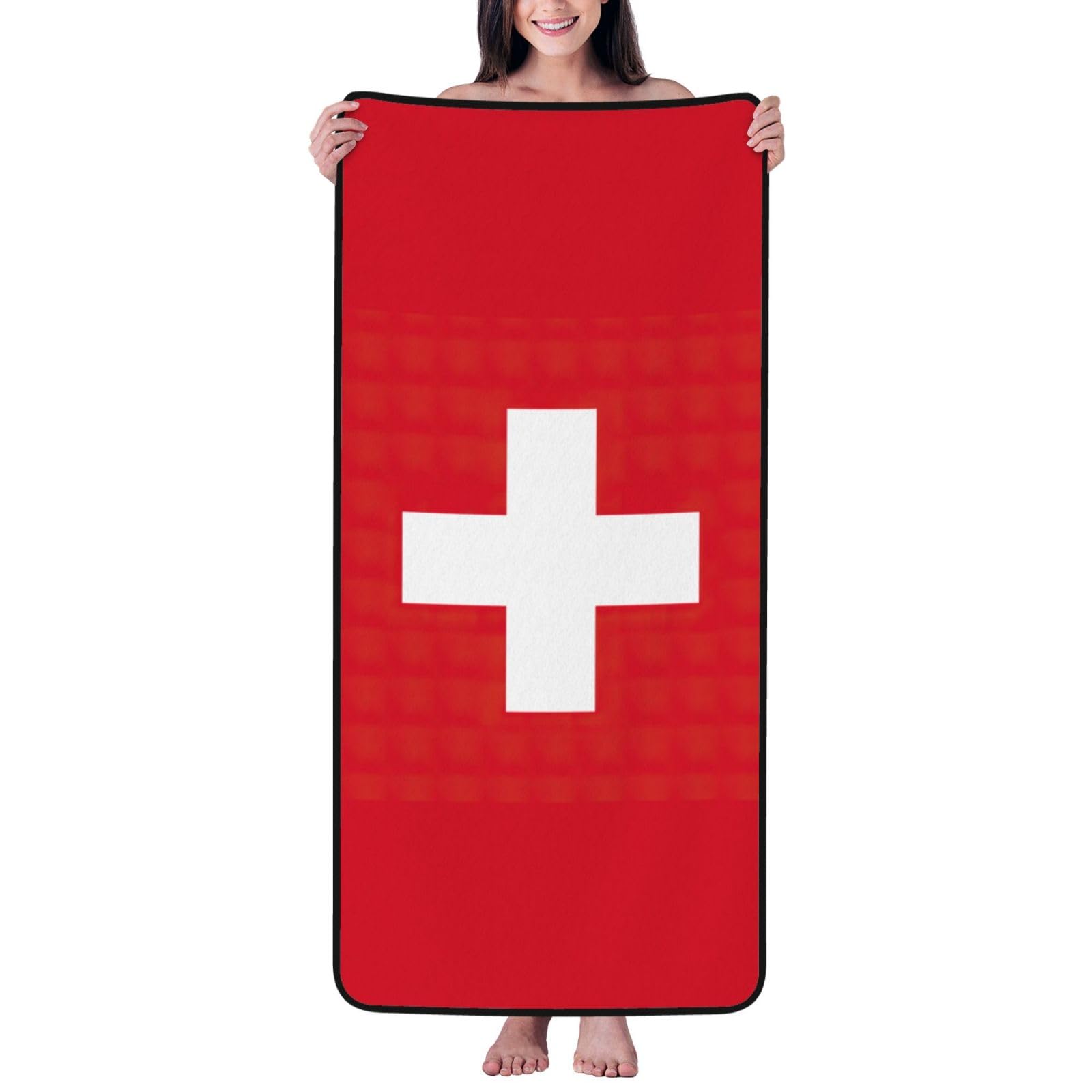 Nimongt Unisex Black Swiss Flag Print Lightweight Comfort Coral Velvet Bath Towel Home Bathroom Hotel Spa Beach Travel