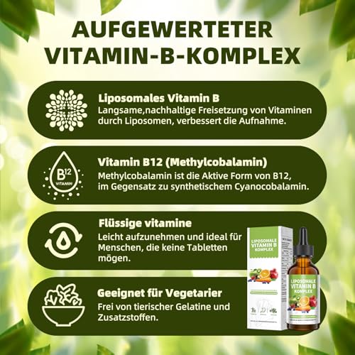 Mommachi Liposomale Vitamin B Komplex Tropfen, Hochdosiert Flüssiges mit alle 8 B-Vitamine (B1, B2, B3, B5, B6, B7, B9, B12), Vegan, Keine Zusatzstoffe, Aktive Vitamin B Formen, 60ml (1 Packung)