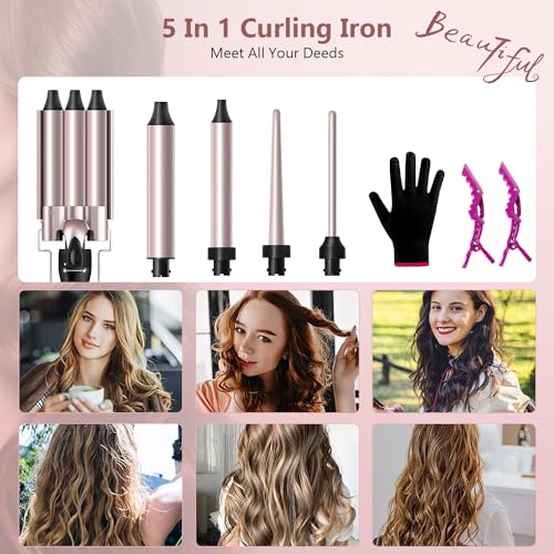 Foto von Lockenstab set 5 in 1 Welleneisen mit 3 Fässer LAYADO 9-32mm Lockenstäbe Haare für Große/kleine Locken, Keramisches, mit zwei Temperatureinstellungen, Anti-Hitze-Handschuh und 2 Clips