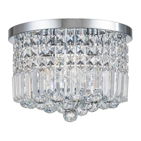 SEFINN FOUR Ceiling Light for Dining Room, 14-Inch Wide Flush Mount Light Fixture with K9 Crystal Accents, Crystal Raindrop Dimmable Chandelier for Bedroom, Living Room, Entryway, Chrome Finish Cover