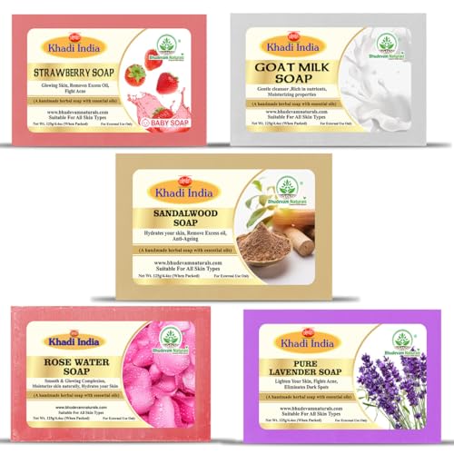 Image of Khadi Organic and Natural Handmade Bathing Soap for Men & Women | Assorted Herbal & Chemical-Free Face and Body Soap for Gentle Cleansing & Healthy Skin (Assorted Natural Bath (Pack of 5))