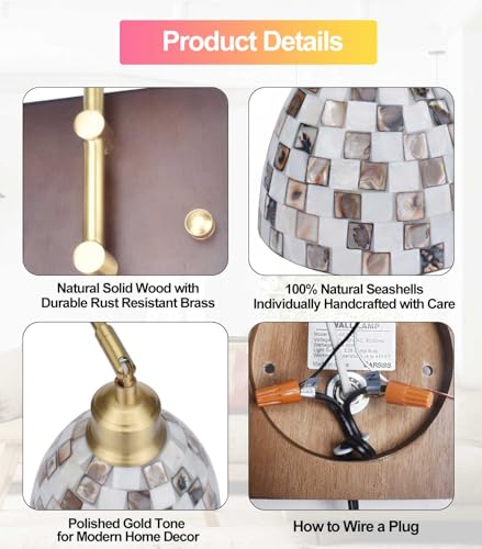 Image of Mother-of-Pearl Shell Mosaic Shade Wall Sconce, Plug-in or Hardwire Wall Lamp with Edison LED Bulb, Vintage Solid Wood Brass Lamp Body Wall Light for Living Room, Bedroom, Hallway, Bedside