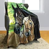Violetpos 150 x 200 cm Flanell Decke Weich Fleecedecke Kuscheldecken SanftBettüberwurf 2 Pferde Wald Bauernhof