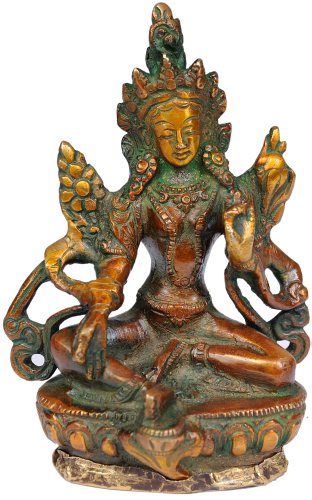 Exotic India tibetana Budista Salvaje Diosa Verde Tara (pequeña Estatua) – Estatua de latón – Color Doble CholaColor