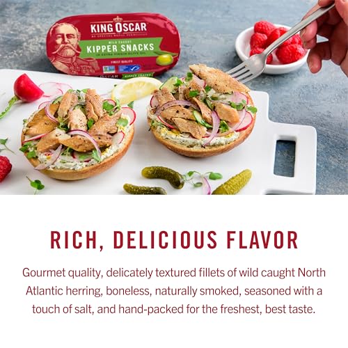 Image of King Oscar Kipper Snacks in Extra Virgin Olive Oil, 3.54 Ounce Cans (Pack of 12), Lightly Smoked Herring Fillets, Wild Caught Canned Herring