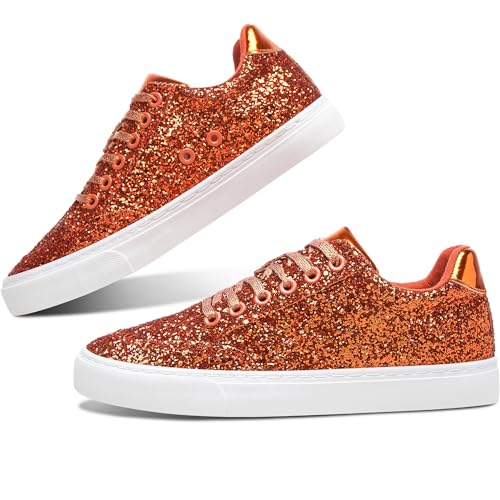 Jeekopeg Glitter Sparkly Fashion Sneakers Shiny Casual Shoes Bling Sequin Concert Low Cut Lace up Shoes(Orange,12 Women/10 Men)