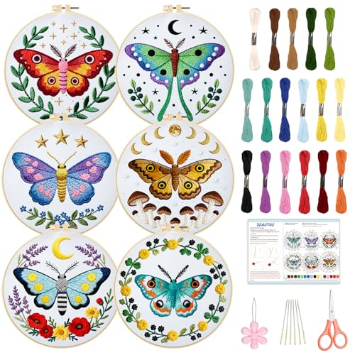 Image of BEUNITONE 6 Set Moth Embroidery Kit for Adults Beginners, DIY Needlepoint Craft Kits with Instructions and Hoops, Complete Starter Set for Adults, Handmade Embroidery for Gifts and Home Decor 20x20cm
