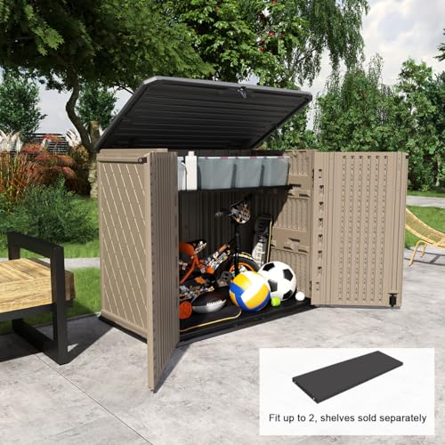 Image of KINYING Outdoor Storage Shed - Horizontal Storage Cabinet Waterproof for Garden, Patio, Backyard, Storage Box for Easy Storage of Garbage Cans, Tools, Lawn Mower, 26 Cubic Feet,Dark Brown