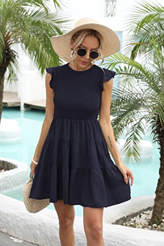 Women's Summer Casual Flutter Sleeve Tiered Dresses Crew Neck Smocked Elastic Waist Flowy Mini Dress2