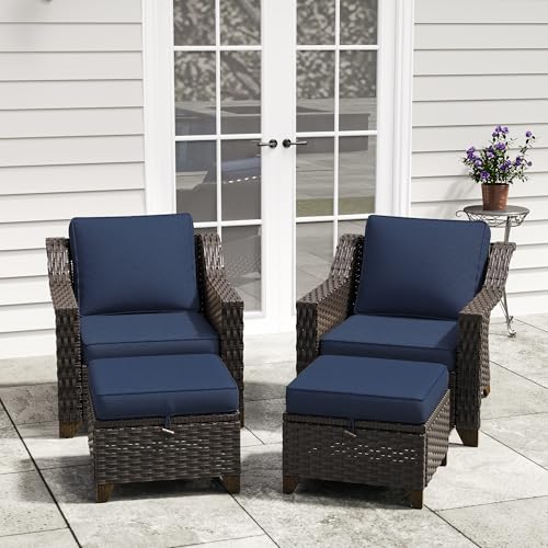 Image of 4 Pieces Patio Conversation Furniture Set - 2 Chairs with Ottomans Set of 2, Outdoor Wicker Armchairs with Water-Resistant and Washable Cushions for Porch, Balcony, Sunroom (Navy Blue) | Patio Chair Set with Olefin Removable Cushion, All-Weather Outdoor Couch with Deep Seat for Porch, Deck and Backyard, Blue