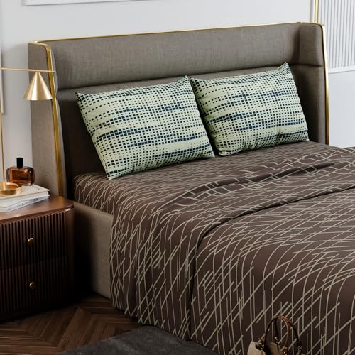 Image of Stoa Paris 100% Cotton King Size Bedsheet with 2 Pillow Covers, 180TC Printed Bedding Set, Breathable, All-Season Comfort, Soft & Lightweight, Home Decor Urbanscape - Mocha Rays (228cm x 274cm)