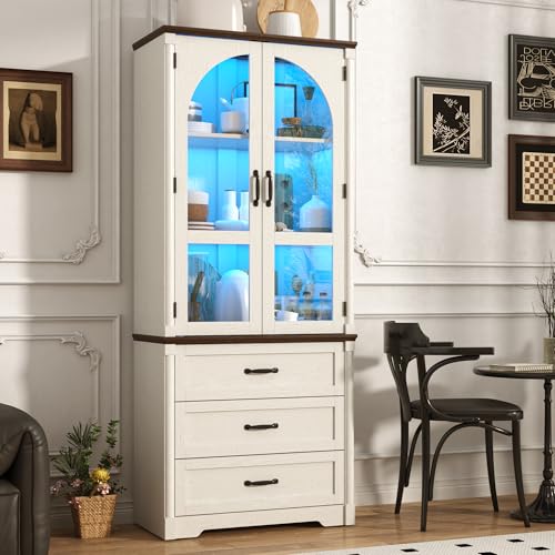 Image of 75 inch Tall Farmhouse Kitchen Pantry Cabinet with LED Lights,Wood Storage Cabinet w Arched Glass Doors /Drawers,Pantry Organizers and Storage,Rustic Wood Cupboard for Kitchen,Dining Room(White)
