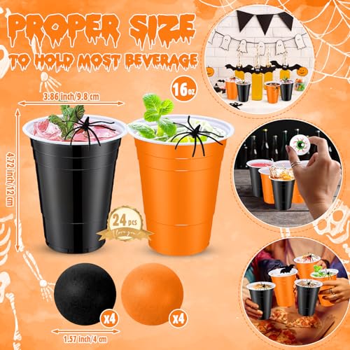 Foilswirl 32 Pcs Halloween Party Game Set Include 16oz Orange Black Plastic Cups with 8 Balls, Cups for Party Decor Juice Beverage Outdoor Toss Game Supplies