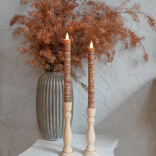 Image of Flameless Taper Candles Flickering with Remote and Timer, 3D Moving Flame Taper Candle Battery Operated to 400 Hours, 9 Inch Window Candles, (Palm Bark)