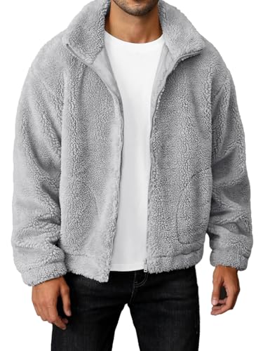 Runcati Mens Fuzzy Sherpa Jacket Long Sleeve Fleece Zip Up Coat Fall Winter Warm Outwear