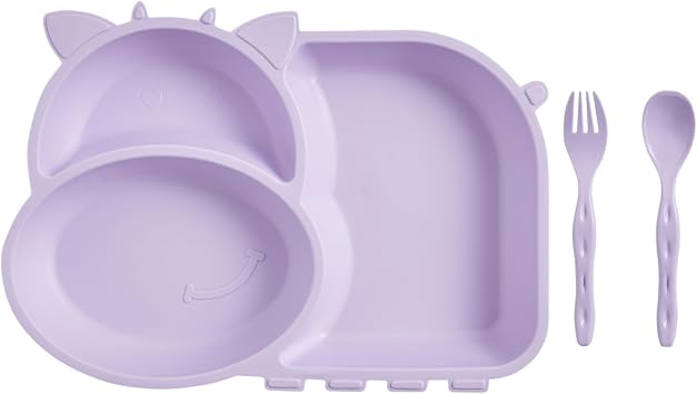 Flybee Cute Cow Lolo 3 Compartment Fun Nutrition Plate، طبق طعام، مجموعة ملعقة شوكة (ليلى)